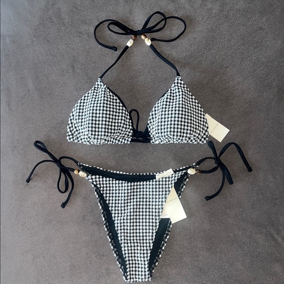 NWT Abercrombie & Fitch SET Black Gingham Seersucker Bikini Set Top L -Bottom XS - Picture 7 of 16